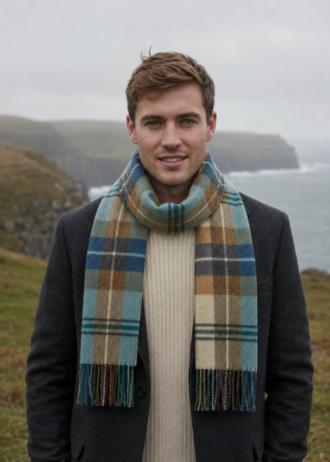 Irish Wool Scarf Long Citrus Blue Brown Plaid John Hanly 