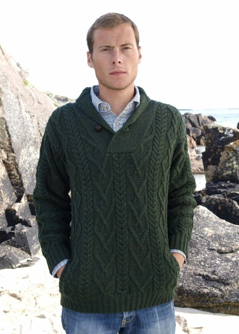 Men's Merino Wool Shawl Collar Aran Sweater | Green