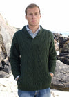 Men's Merino Wool Shawl Collar Aran Sweater | Green