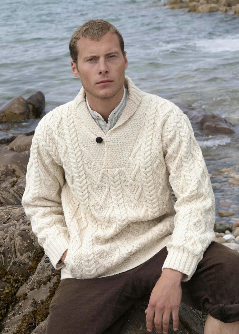 Men's Dublin Shawl Collar Aran Sweater | Natural Merino Wool