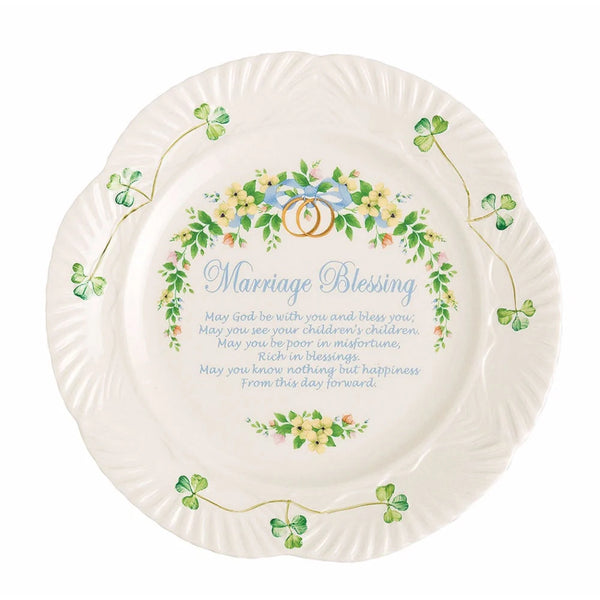 Decorative plate with floral design, rings, and 'Marriage Blessing' text on a white background