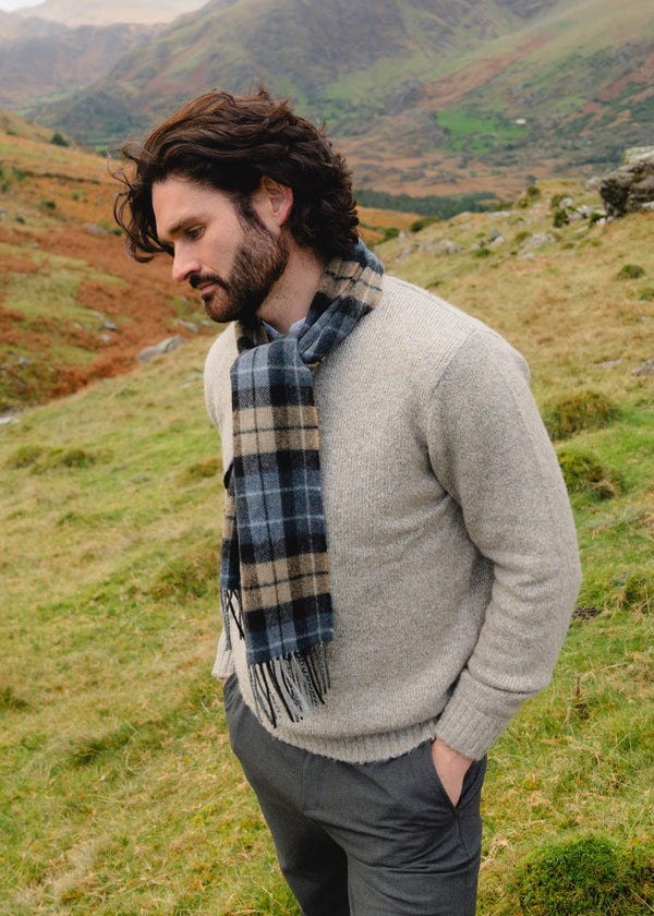 John Hanly Lambswool Scarf | Blue Beige Charcoal Plaid | Made in Ireland