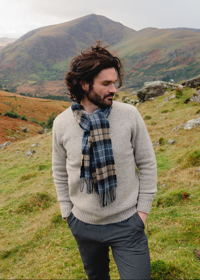 John Hanly Lambswool Scarf | Blue Beige Charcoal Plaid | Made in Ireland