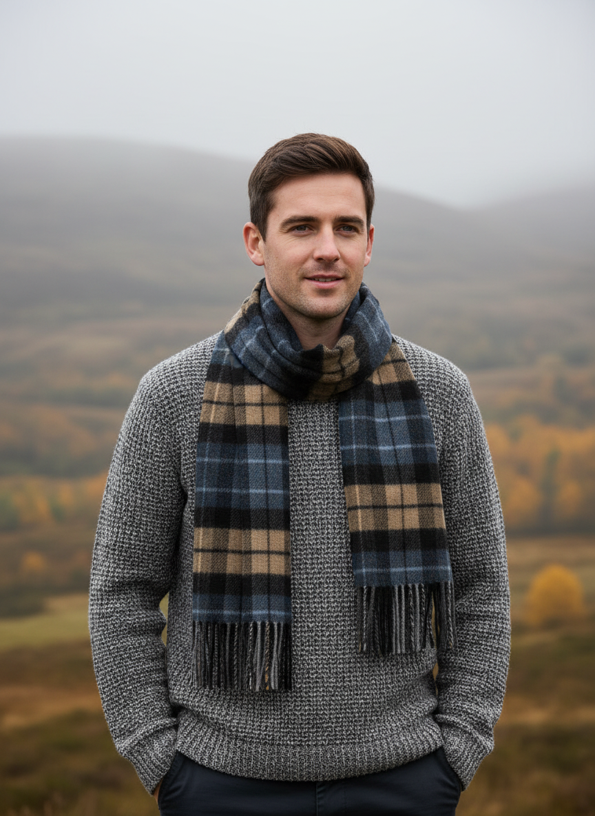 John Hanly Lambswool Scarf | Blue Beige Charcoal Plaid | Made in Ireland