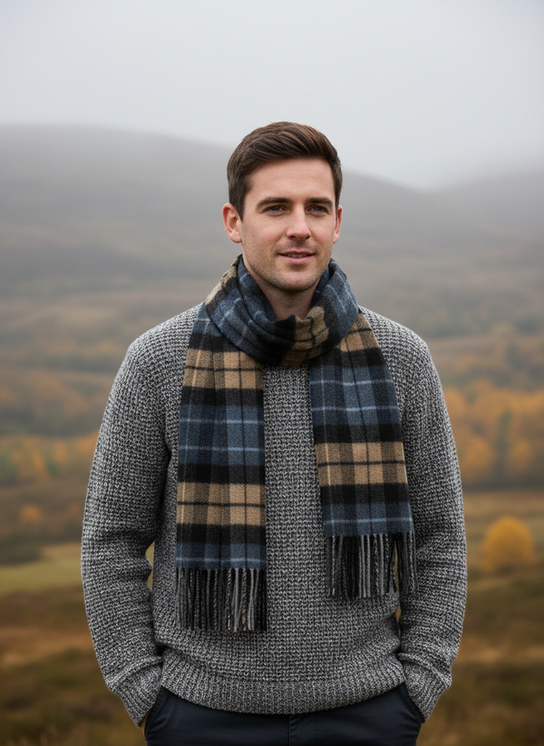 John Hanly Lambswool Scarf | Blue Beige Charcoal Plaid | Made in Ireland