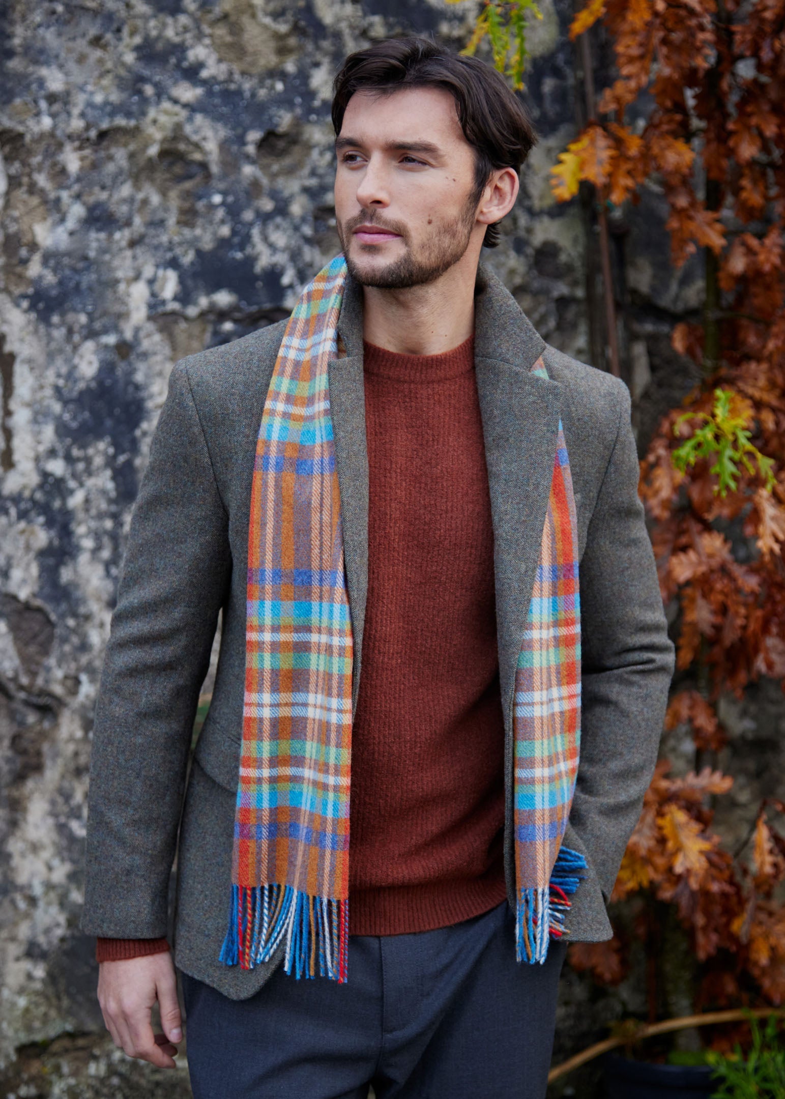 Irish Wool Scarf Short Rust Orange Blue Green Check