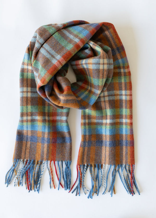 Irish Wool Scarf Short Rust Orange Blue Green Check