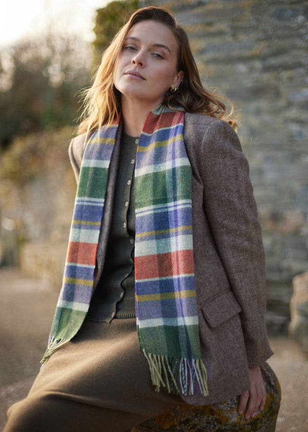 Irish Wool Scarf Short Loden Green Purple Rust Silver Check