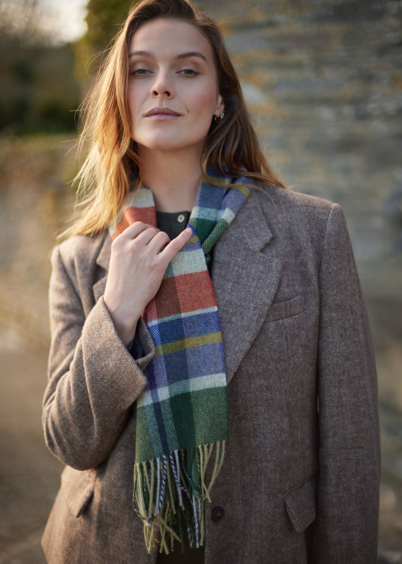 Irish Wool Scarf Short Loden Green Purple Rust Silver Check