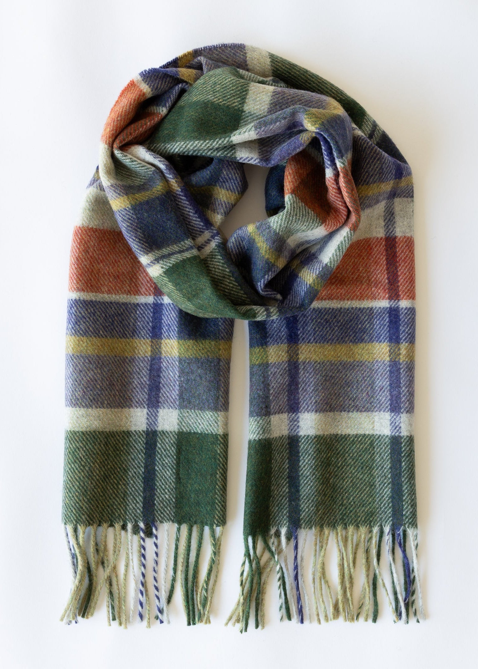 Irish Wool Scarf Short Loden Green Purple Rust Silver Check