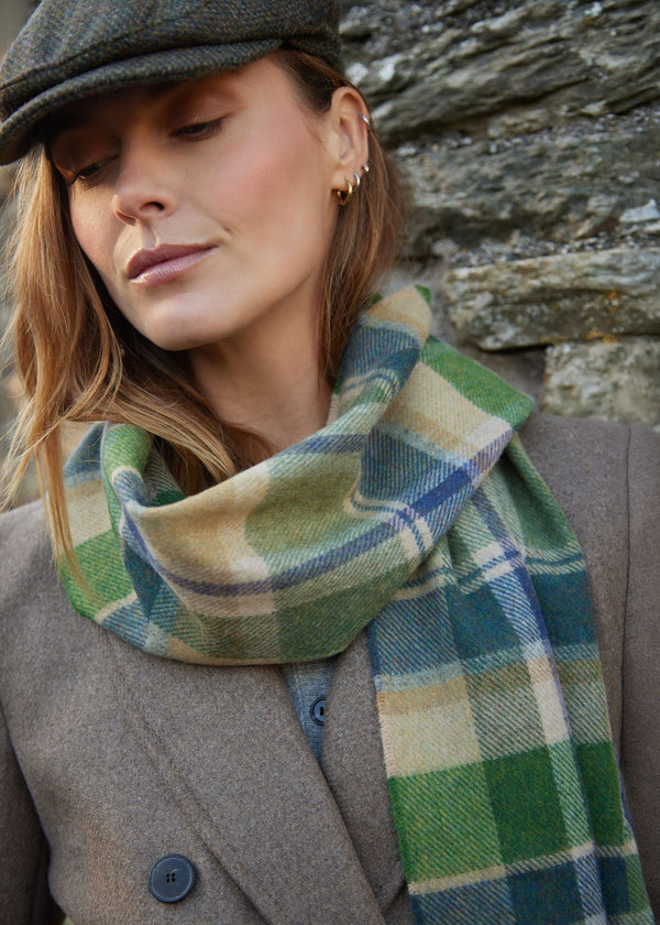 Irish Wool Scarf Short Green Stone Cream Denim Check