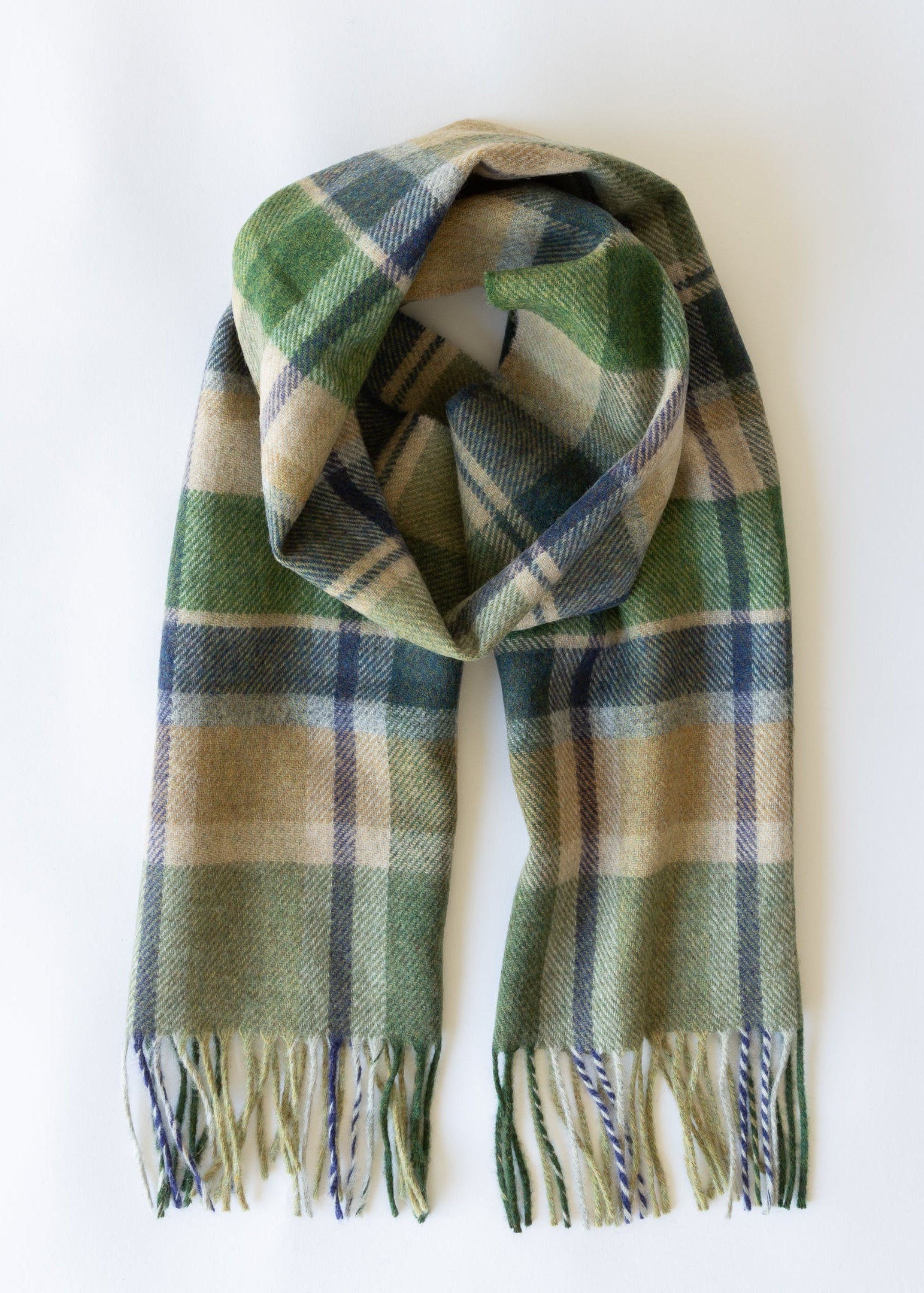 Irish Wool Scarf Short Green Stone Cream Denim Check