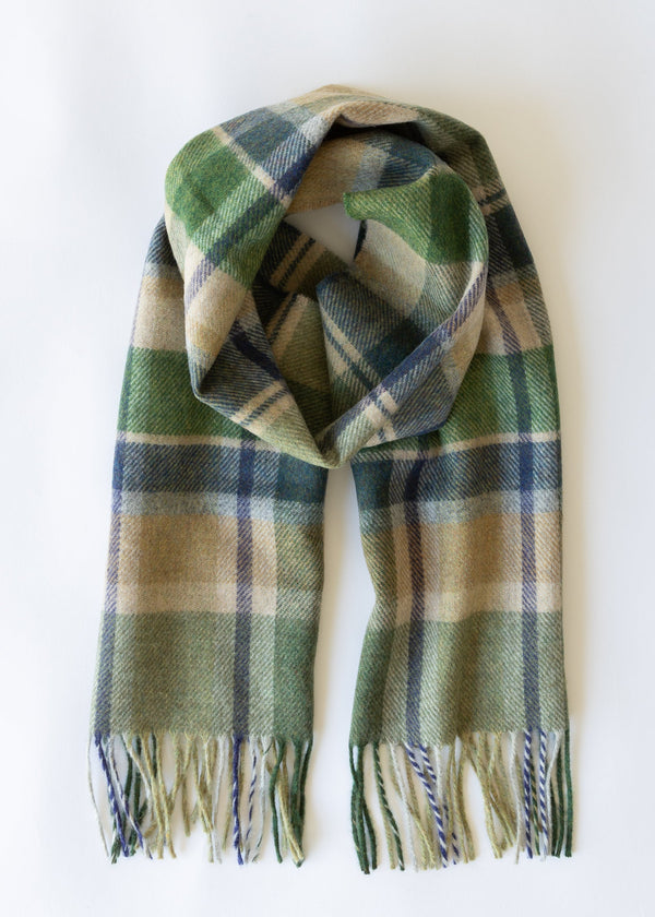Irish Wool Scarf Short Green Stone Cream Denim Check