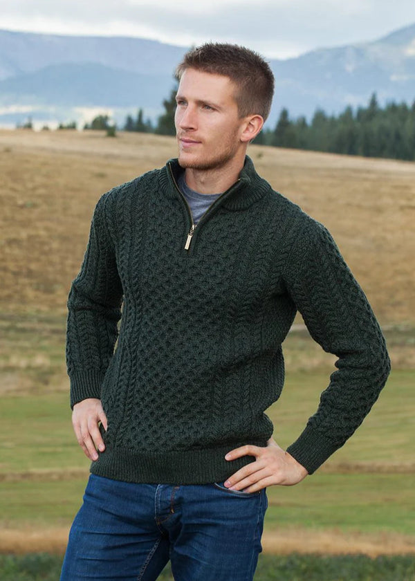 Aran Merino Wool Half Zip Sweater | Green