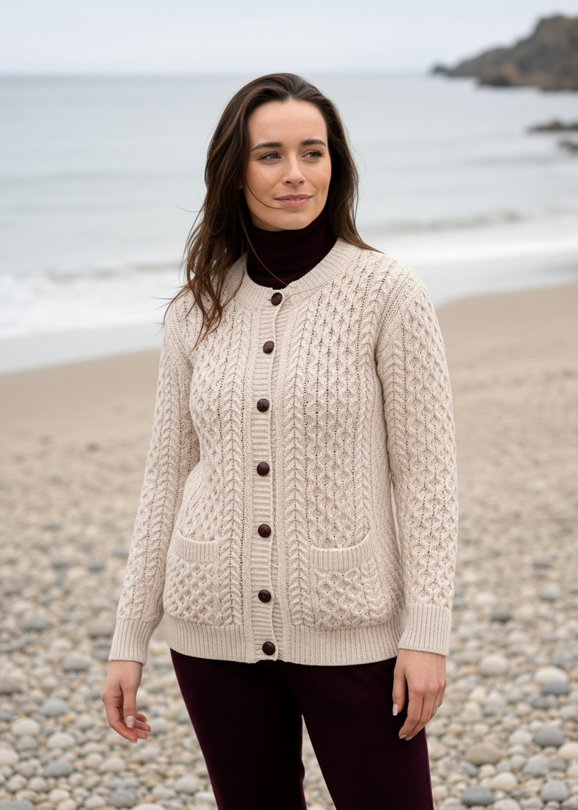 Aran Lumber Cardigan | 100% Merino Wool | Parsnip