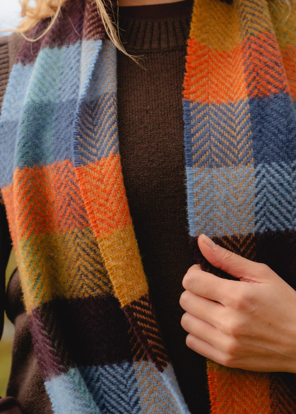 Cashmere Merino Scarf | Mustard Orange Blue Herringbone Block