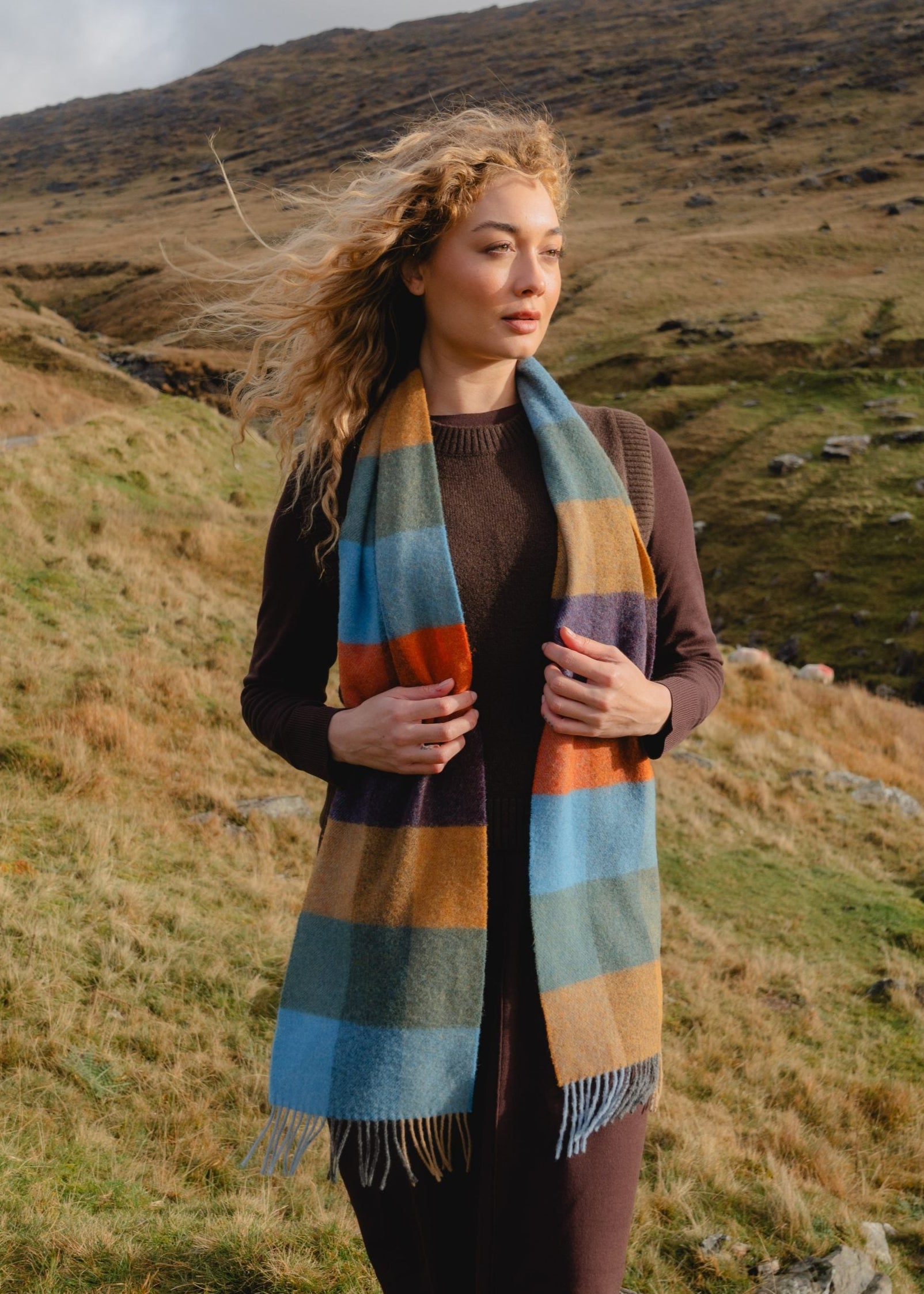 John Hanly Lambswool Scarf | Mustard Green Blue