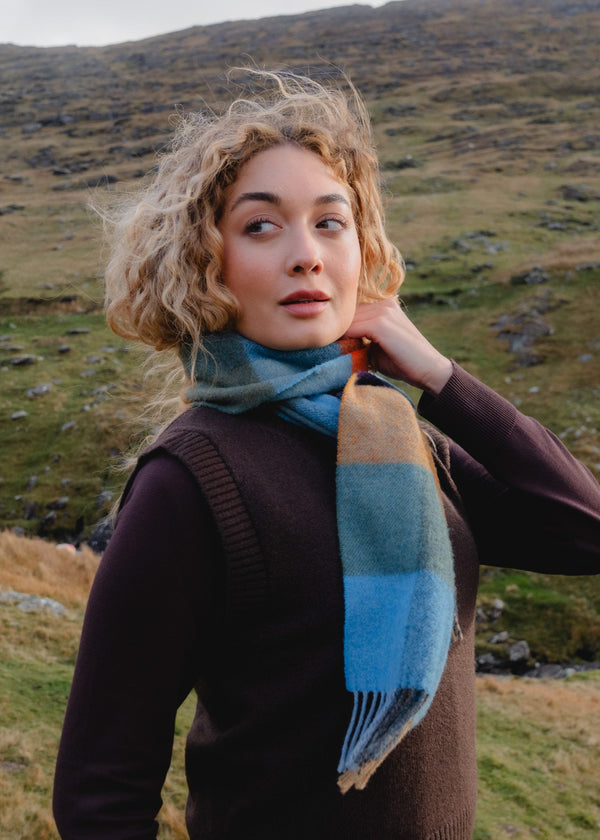 John Hanly Lambswool Scarf | Mustard Green Blue