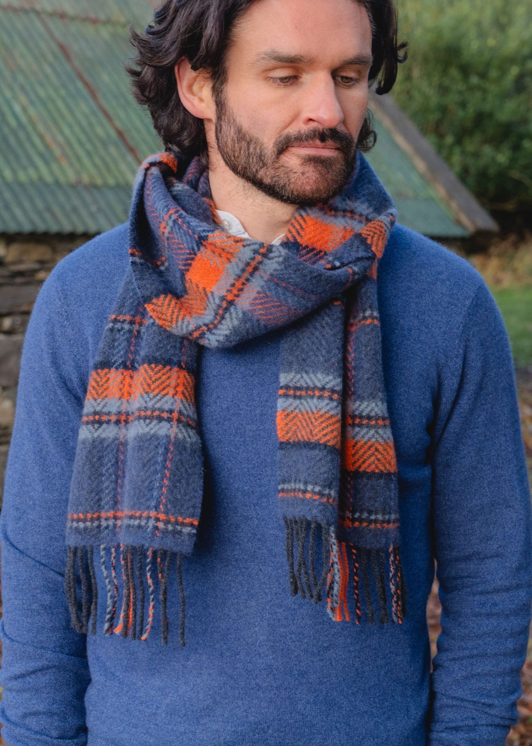 Cashmere Merino Scarf | Denim Orange Navy Check