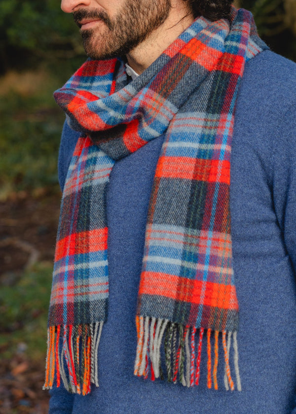 John Hanly Lambswool Scarf | Navy Red Blue Wine Plaid