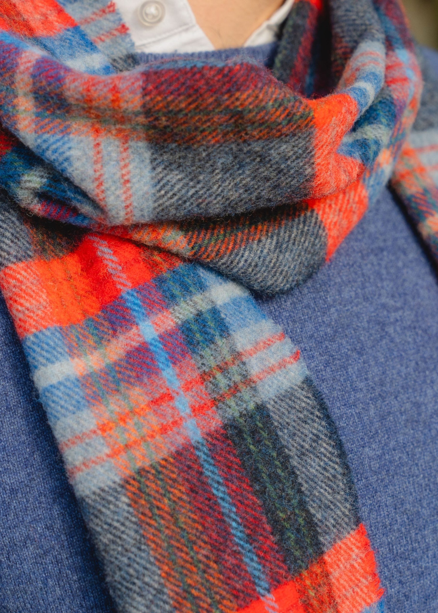 John Hanly Lambswool Scarf | Navy Red Blue Wine Plaid