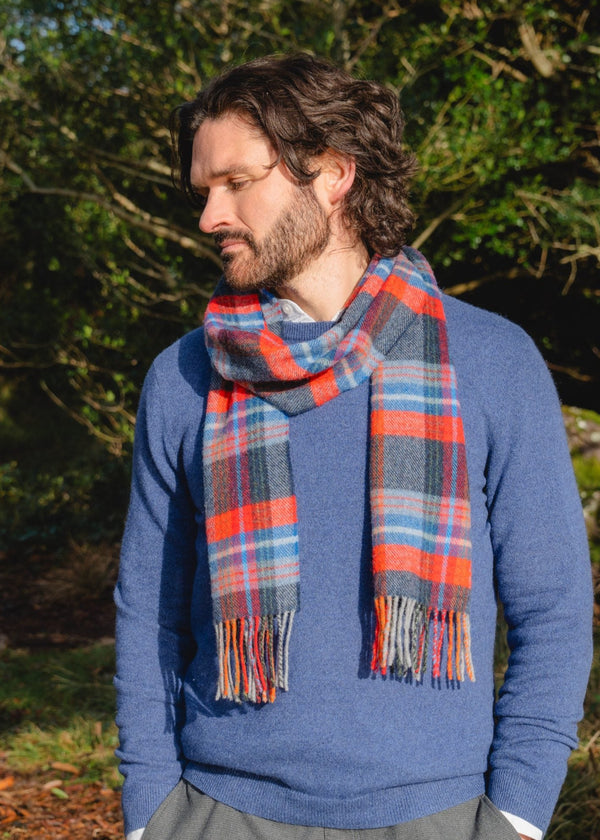 John Hanly Lambswool Scarf | Navy Red Blue Wine Plaid