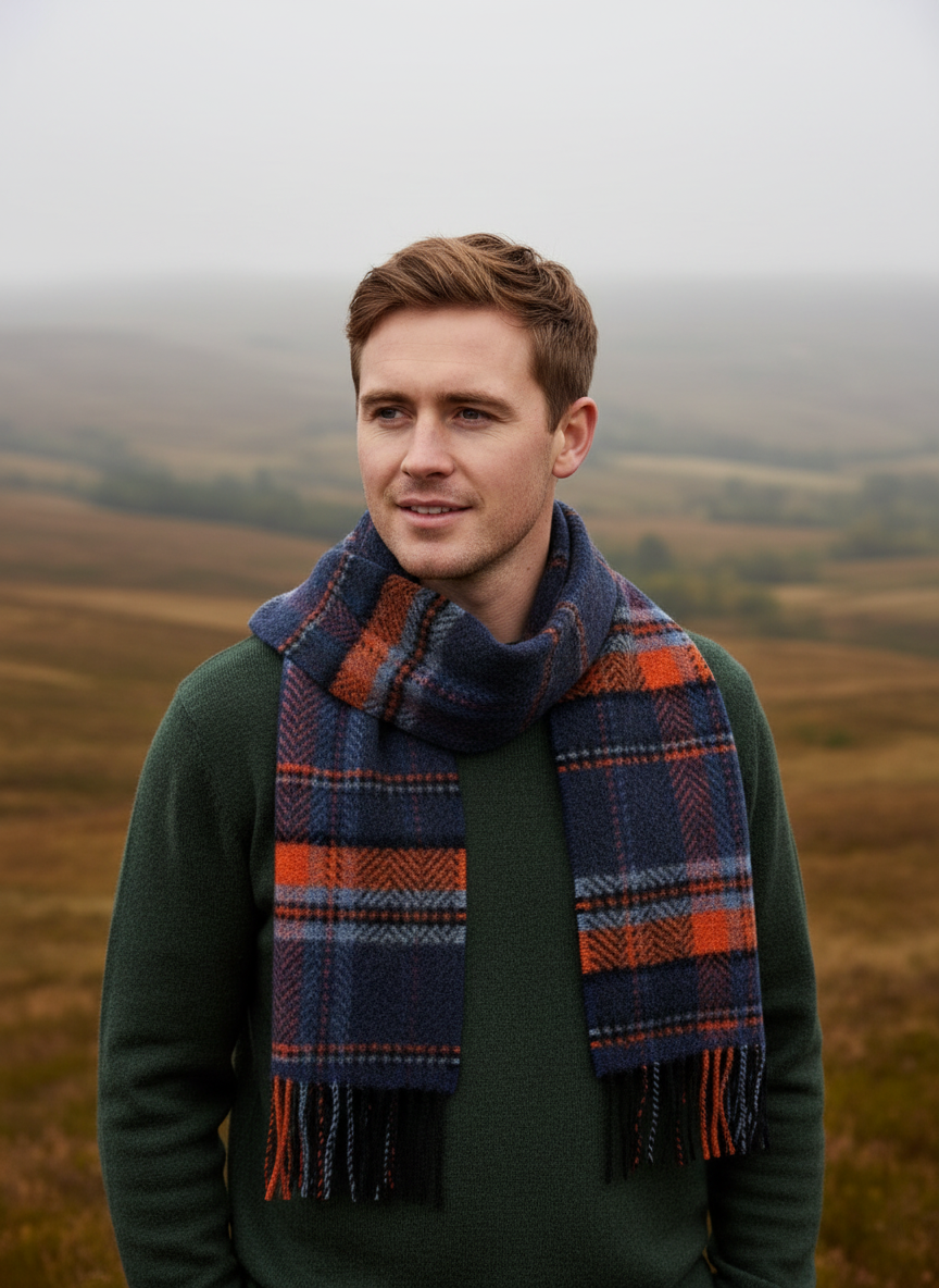 Man wearing a plaid scarf in a scenic outdoor setting