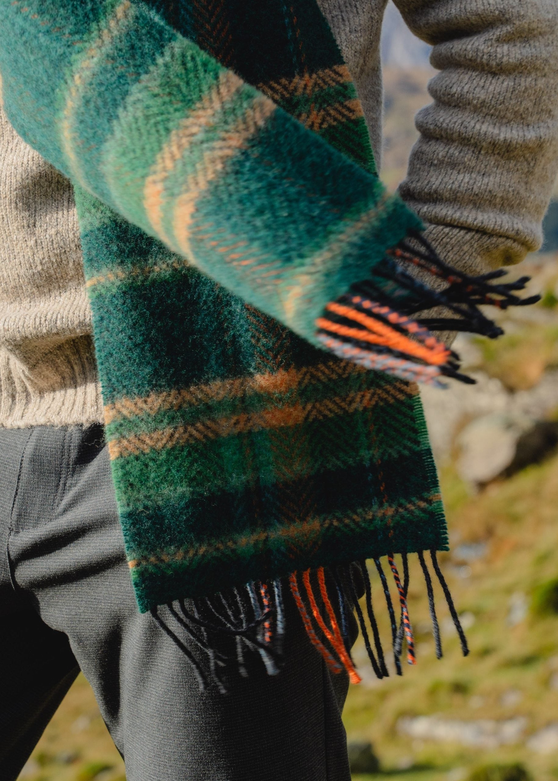 Irish Cashmere Merino Scarf - Green Beige Herringbone Check | John Hanly