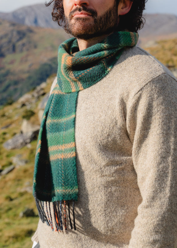 Cashmere Merino Scarf | Green Beige Check