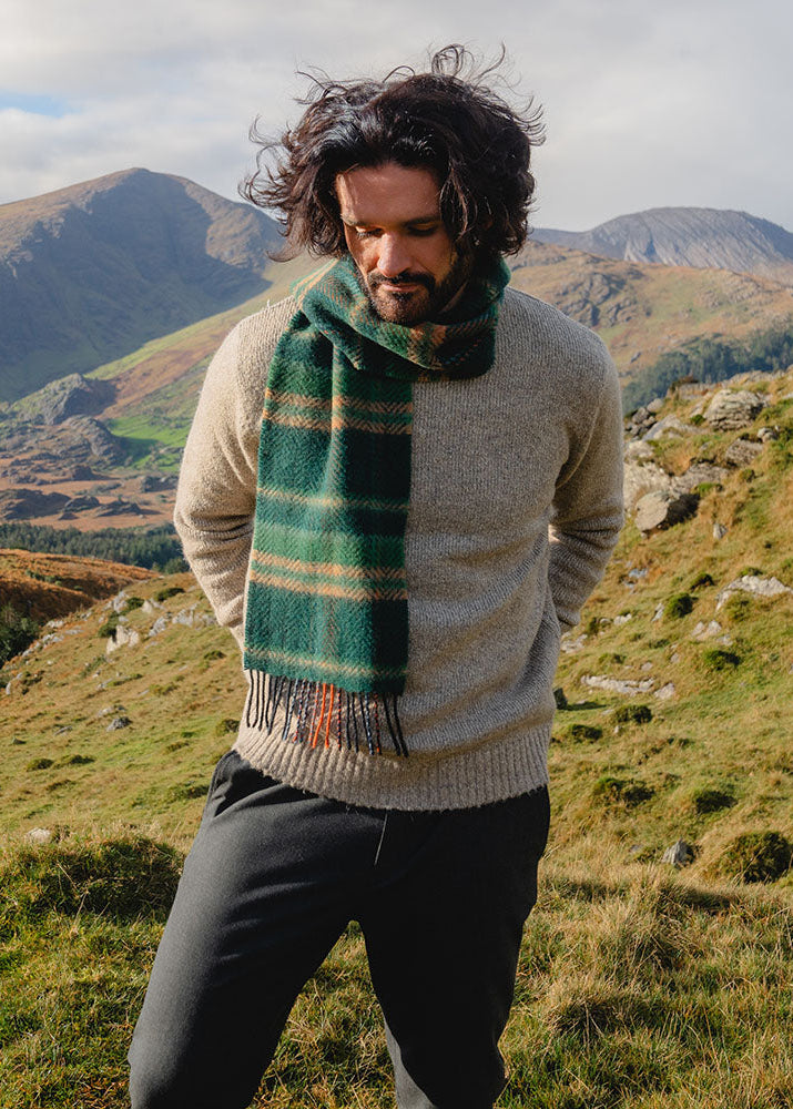 Irish Cashmere Merino Scarf - Green Beige Herringbone Check | John Hanly