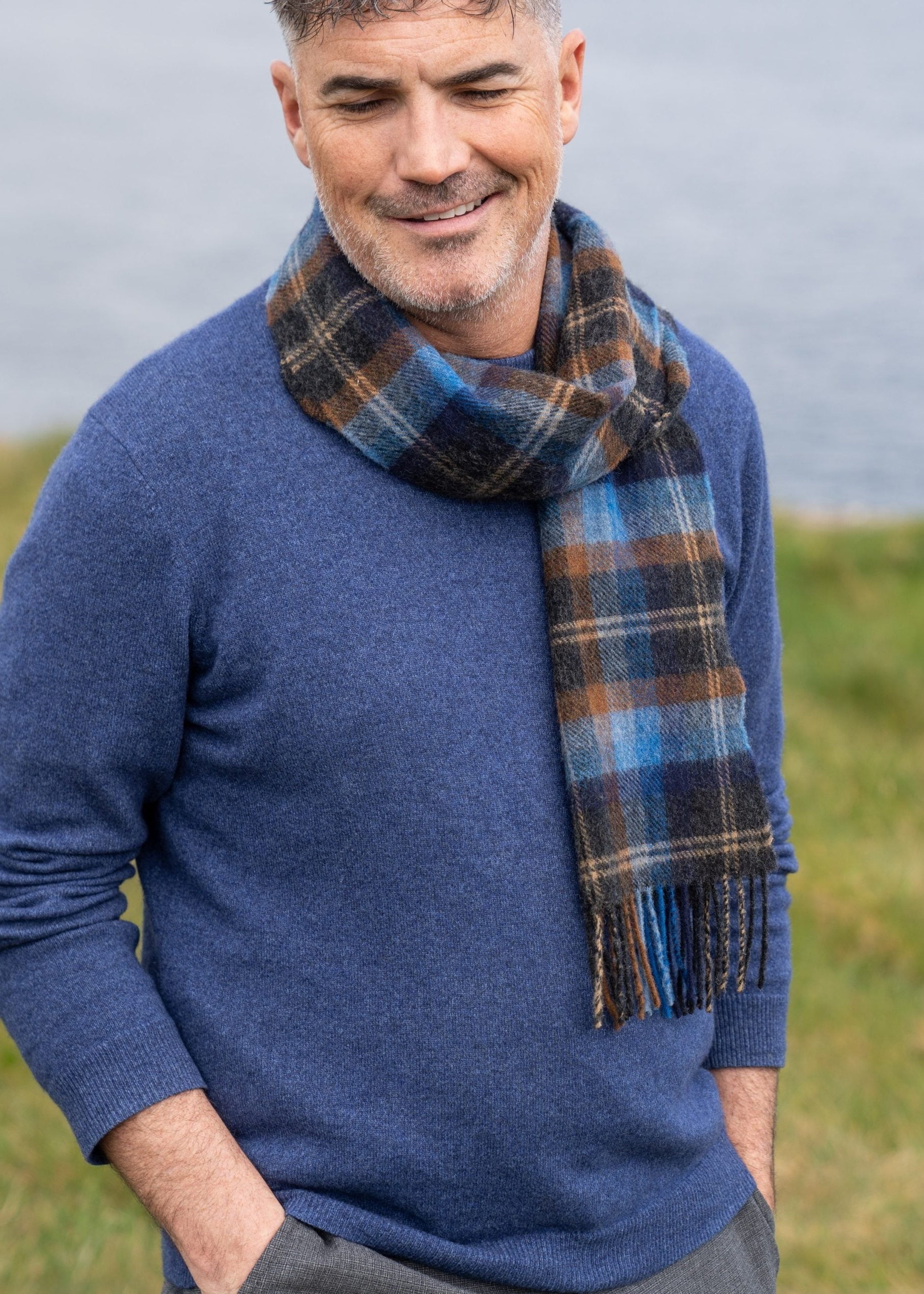 John Hanly Lambswool Scarf | Blue Orange Check | Irish Wool