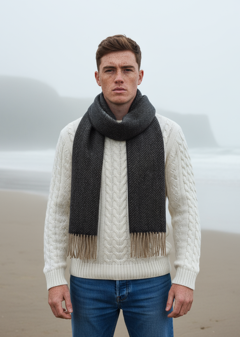 Cashmere Merino Scarf | Charcoal Beige Herringbone