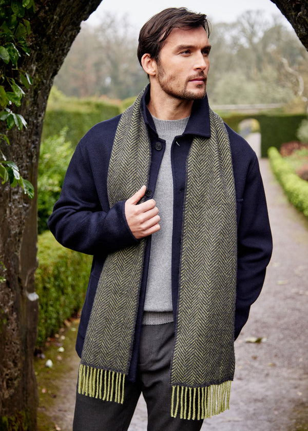 John Hanly Cashmere Merino Scarf | Green Charcoal Herringbone