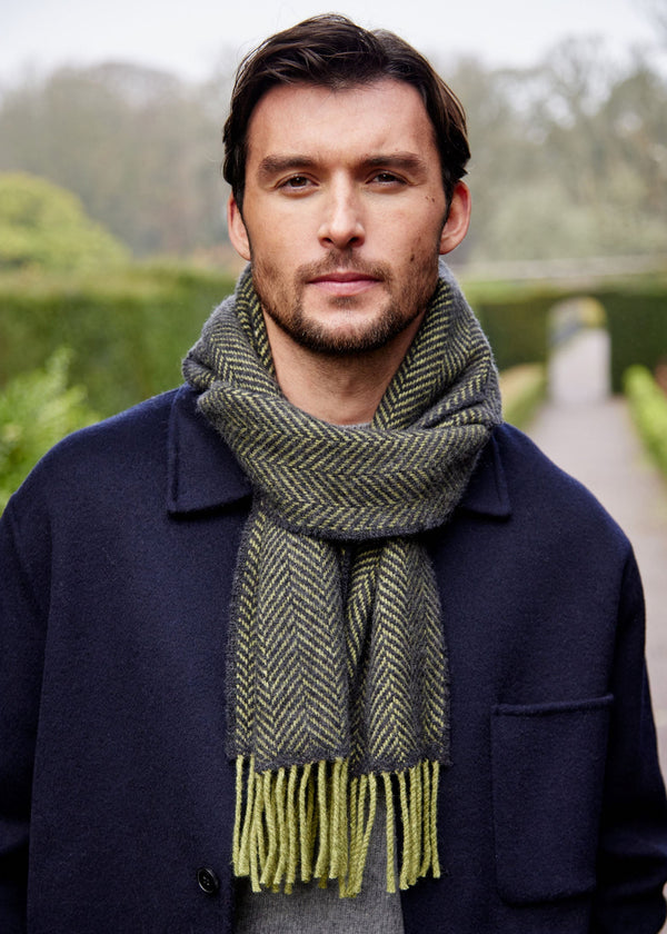 John Hanly Cashmere Merino Scarf | Green Charcoal Herringbone