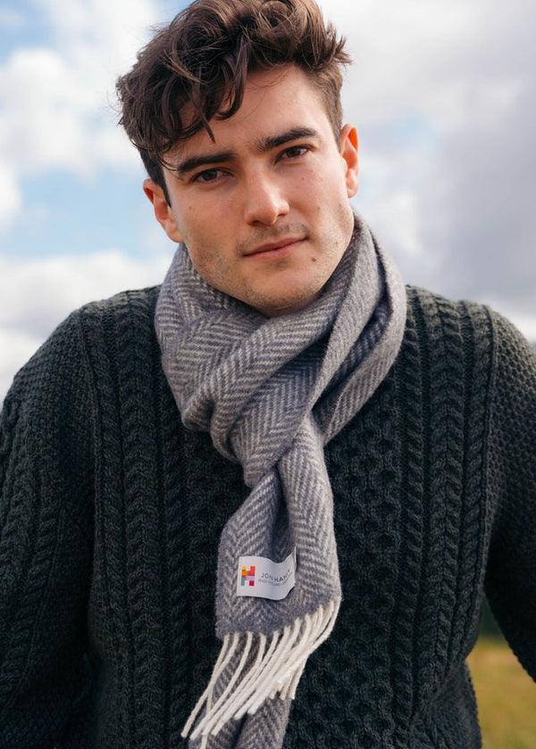 Cashmere Merino Scarf | Grey Herringbone