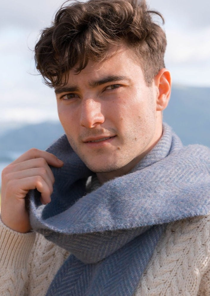 Cashmere Merino Scarf | Blue Herringbone