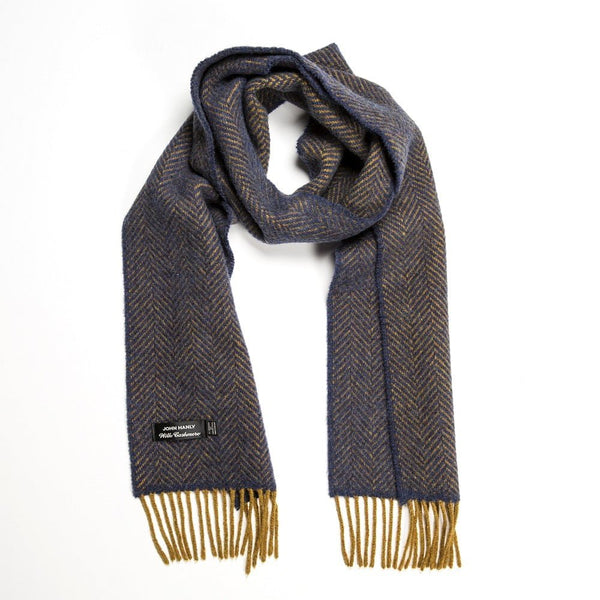 Cashmere Merino Scarf | Navy Mustard Herringbone