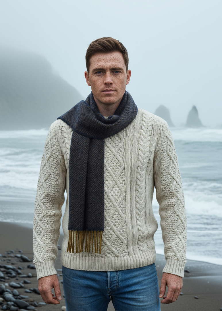 Cashmere Merino Scarf | Navy Mustard Herringbone