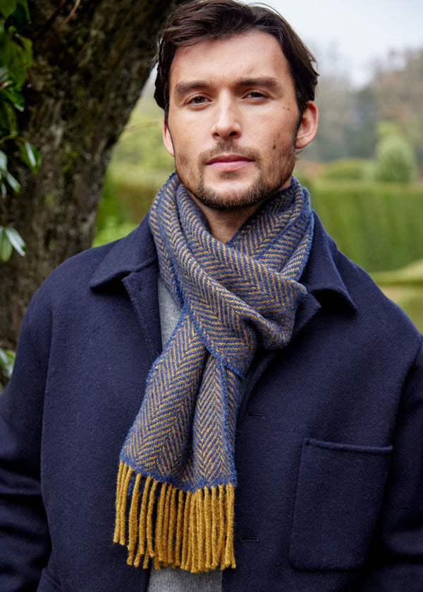 Cashmere Merino Scarf | Navy Mustard Herringbone