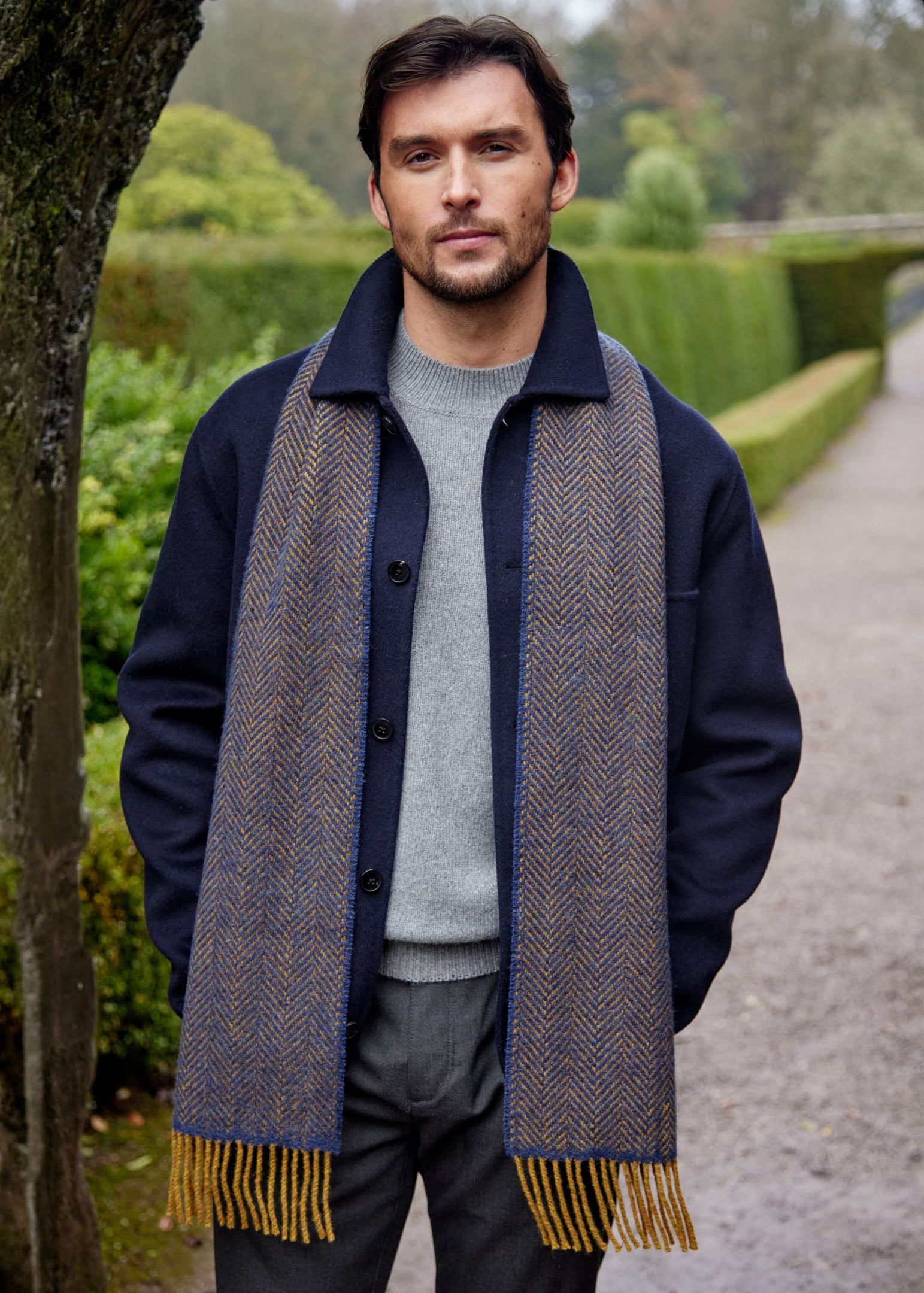 Cashmere Merino Scarf | Navy Mustard Herringbone