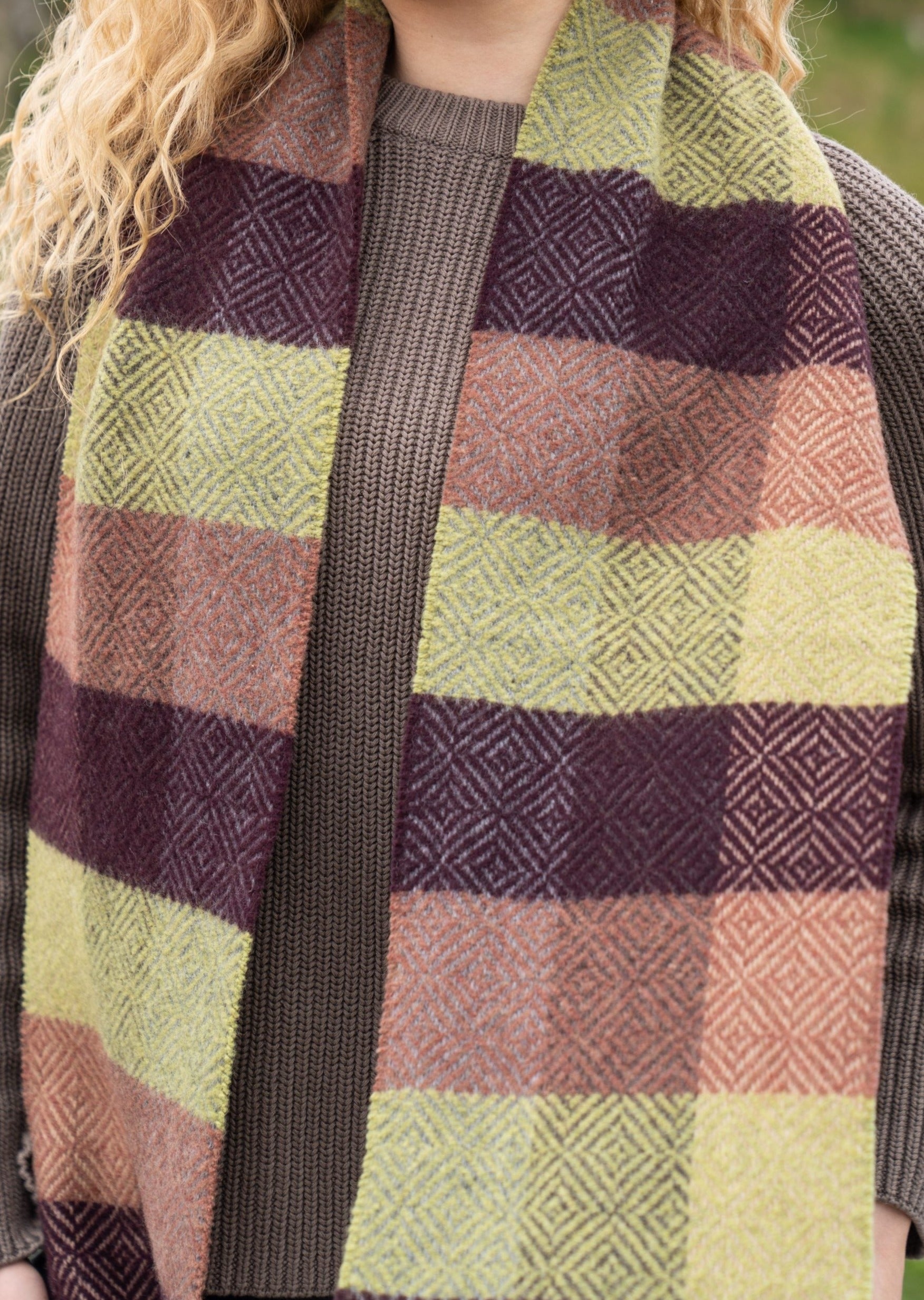 Cashmere Merino Scarf | Green Brown Block