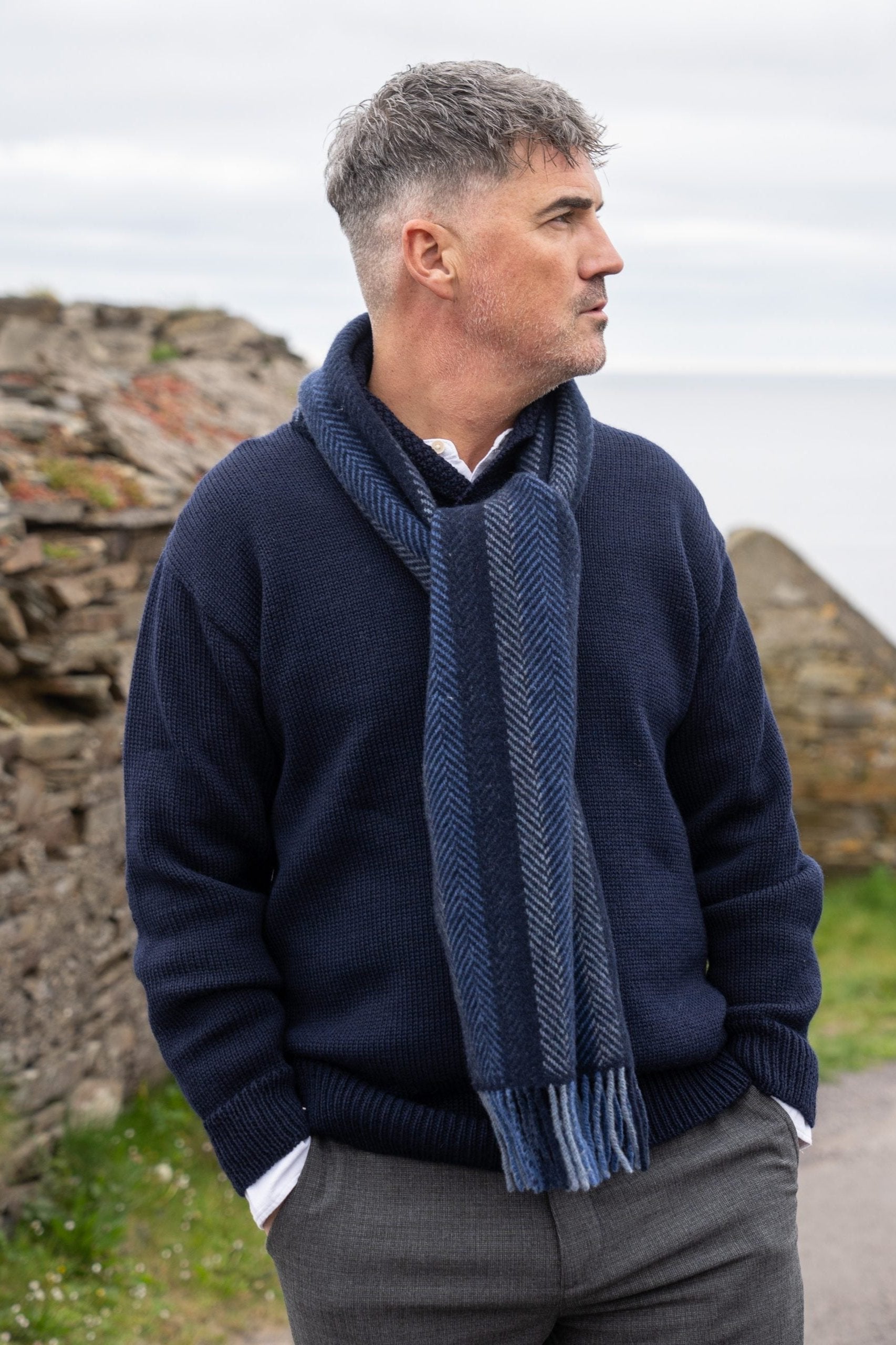 Cashmere Merino Scarf | Navy Denim Blue Stripe