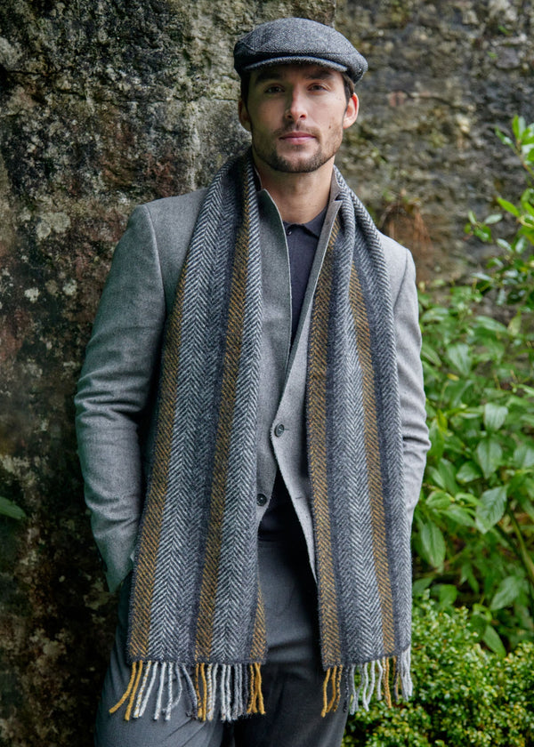 Cashmere Merino Scarf | Grey Mustard Stripe