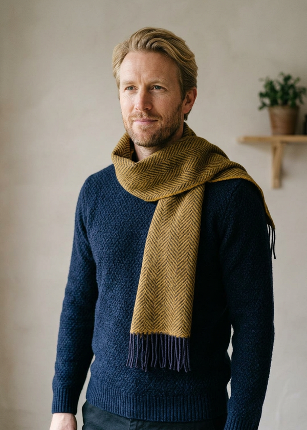 Cashmere Merino Scarf | Mustard Navy Herringbone