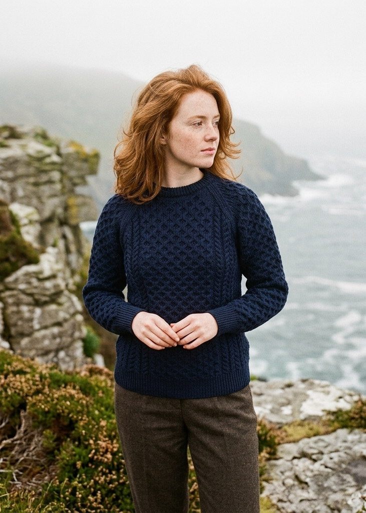 Ladies Slim-Fit Aran Sweater in Navy | Premium Merino Wool