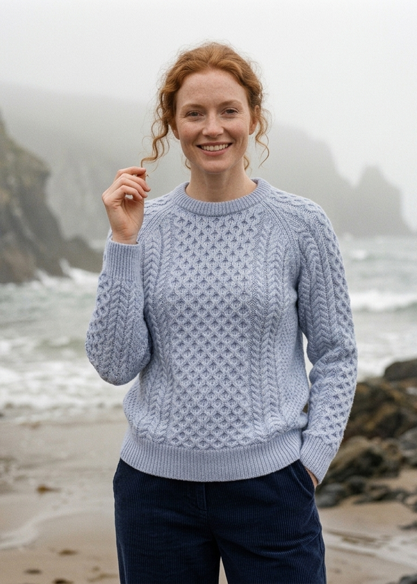 Ladies Slim-Fit Aran Sweater in Sky Blue | Premium Merino Wool