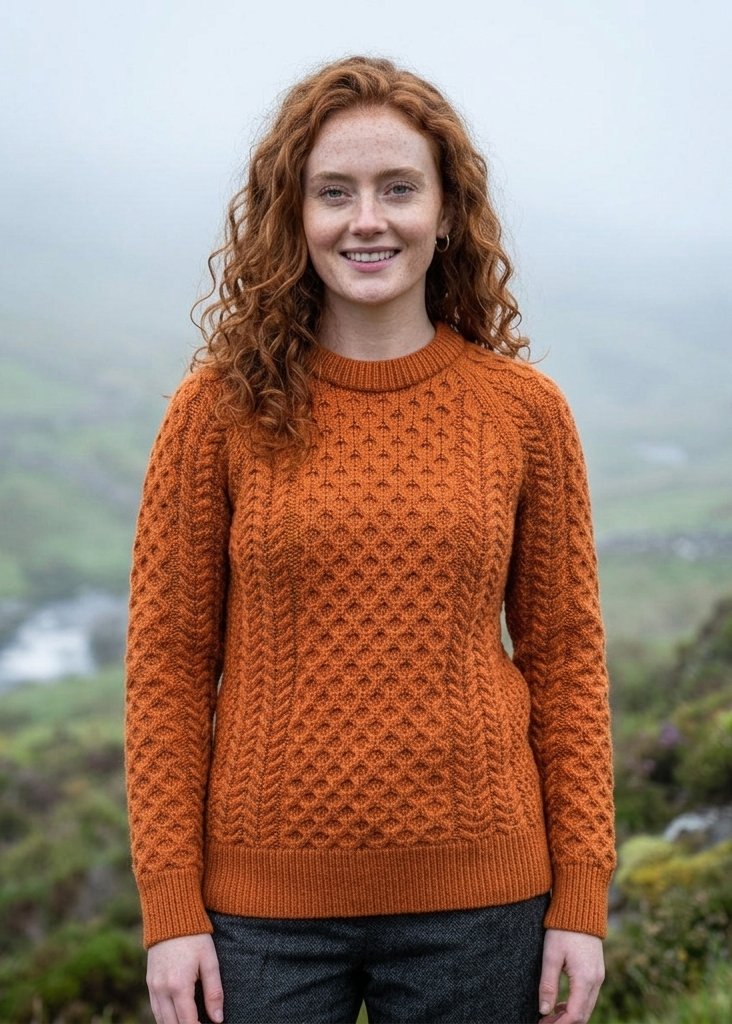 Ladies Slim-Fit Aran Sweater in Terracotta | 100% Merino Wool