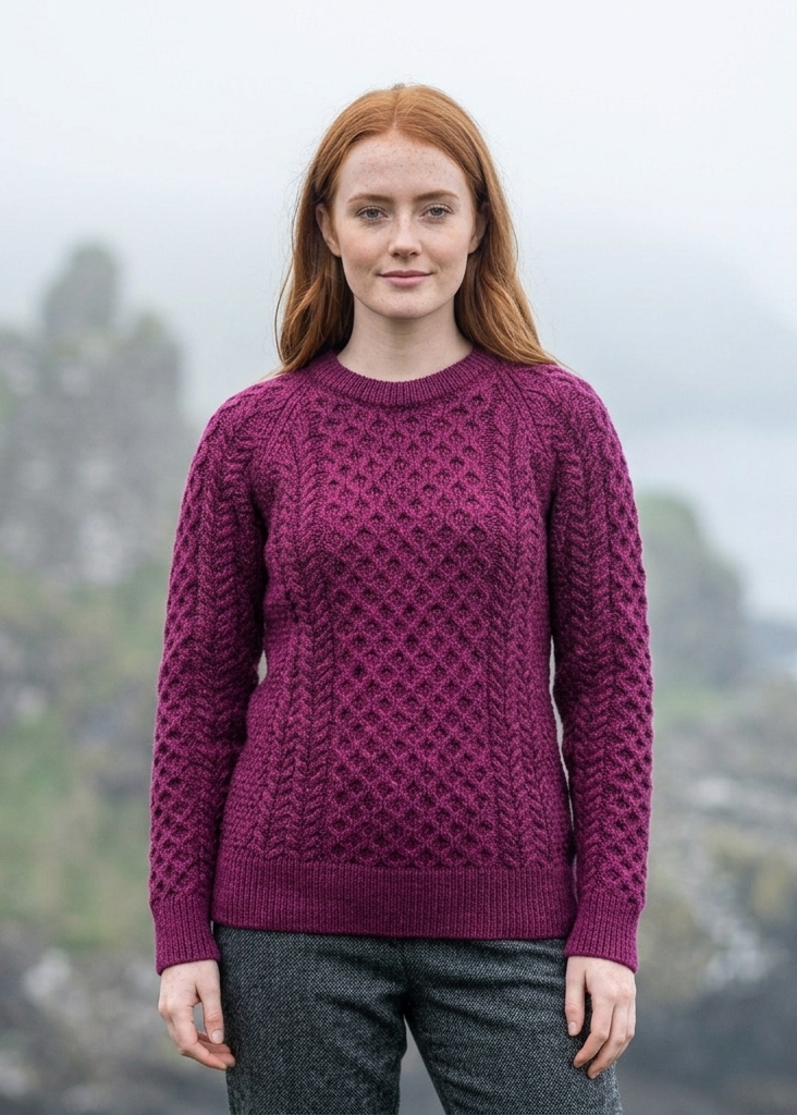 Women's Slim-Fit Aran Sweater in Raspberry | Premium Merino Wool