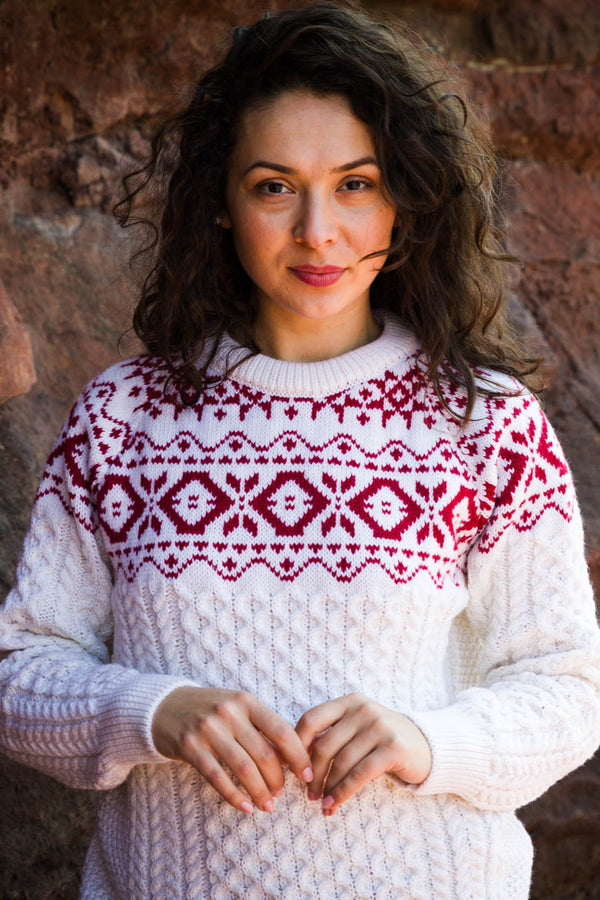 Ladies Jacquard Aran Sweater | Red Natural