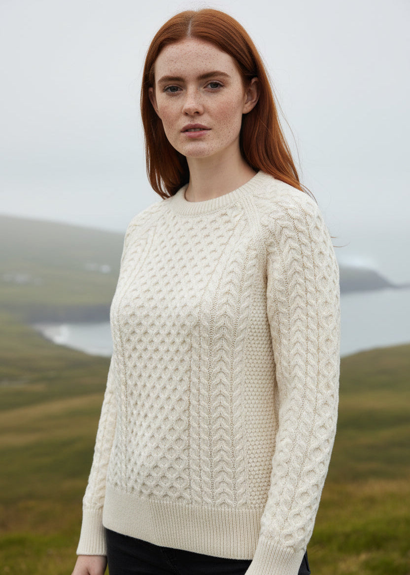Ladies Slim-Fit Aran Sweater | Premium Merino Wool | Natural